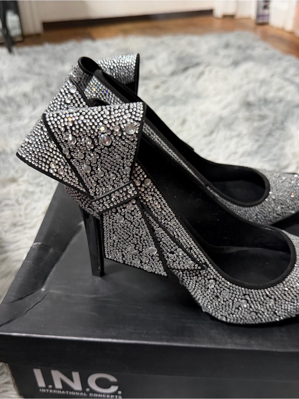 INC International Concepts Silver Crystal Bow High Heels